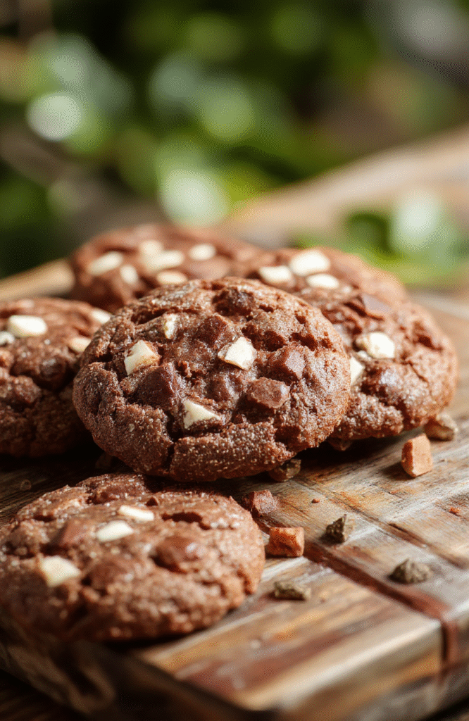 A stack of chewy hot chocolate cookies with a crackled surface, topped with a drizzle of melted chocolate and a sprinkle of powdered sugar, arranged on a rustic wooden platter against a cozy winter backdrop with warm lighting