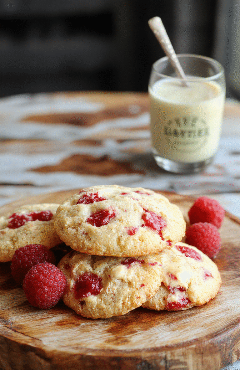 A stack of chewy raspberry cookies with vibrant red raspberries embedded inside, presented on a rustic wooden plate, dusted lightly with powdered sugar, showcasing a soft, gooey texture and a slightly cracked surface in natural daylight.