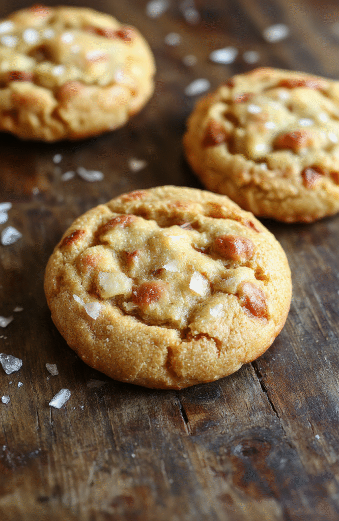 Golden-brown chewy cookies topped with flaky sea salt and glossy butterscotch chips, arranged on a rustic wooden surface with a scattering of salt flakes and melted butterscotch drizzles, styled simply with a neutral background to emphasize the texture and inviting appearance.