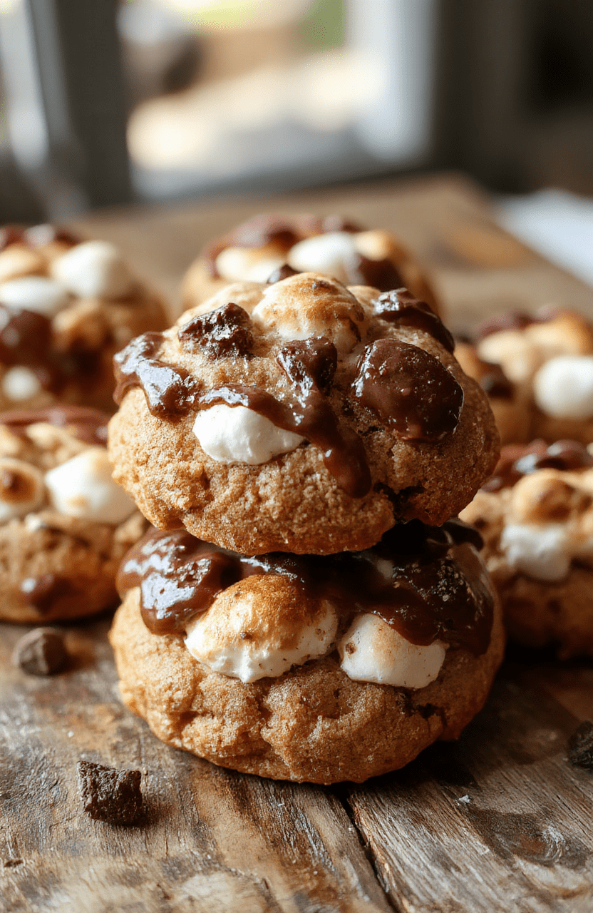 A plate of chewy s'mores cookies featuring golden-brown edges, gooey marshmallows, and melty chocolate chips, presented on a rustic wooden table with a sprinkle of graham cracker crumbs, styled casually with a few toasted marshmallows and chocolate pieces nearby.