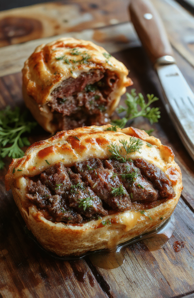 A perfectly cooked Beef Wellington sliced to reveal tender beef fillet wrapped in golden puff pastry with a glossy sheen, garnished with fresh herbs, served on a rustic wooden board with a backdrop of greenery and soft natural light emphasizing the flaky texture and rich filling.