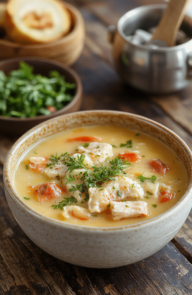 A steaming bowl of comforting chicken noodle soup showcasing tender chicken chunks, vibrant carrots, celery, and soft egg noodles in a clear broth, garnished with fresh parsley, served on a rustic wooden table with a cozy atmosphere.