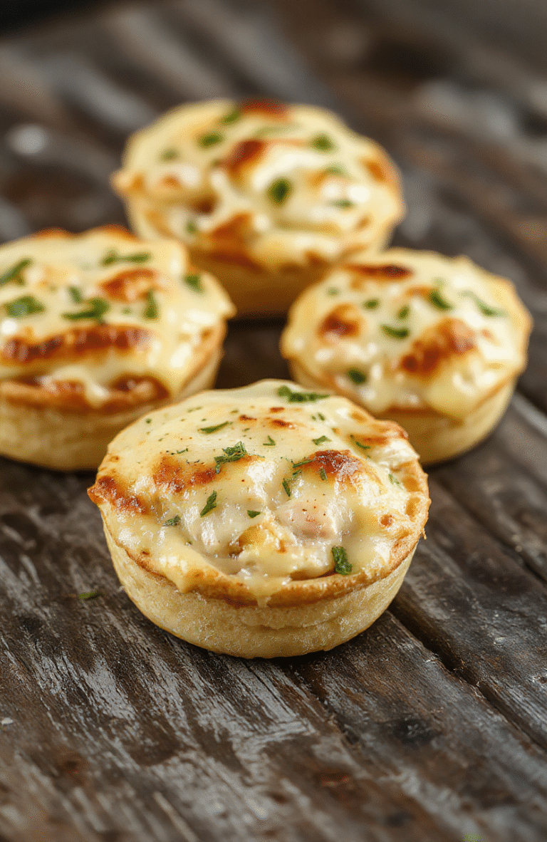 Colorful mini chicken pot pies arranged on a rustic wooden table, golden flaky crusts filled with creamy chicken and vegetable filling, topped with a sprinkle of herbs, inviting and warm visual
