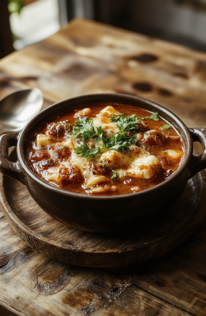 A vibrant bowl of lasagna soup with melted cheese, fresh basil, and rich tomato broth, garnished with parmesan shavings and served with crusty bread on the side.