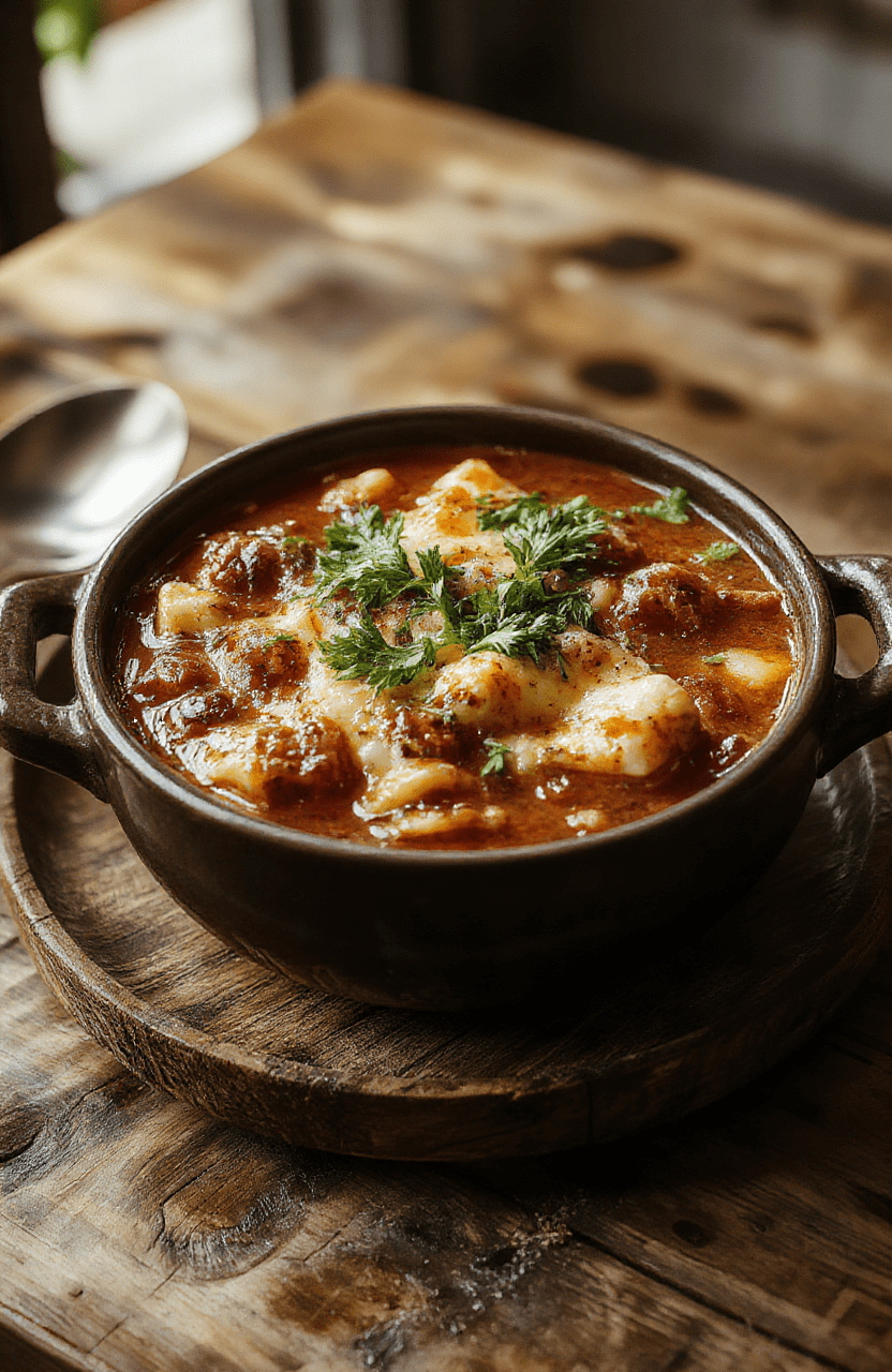 A vibrant bowl of lasagna soup with melted cheese, fresh basil, and rich tomato broth, garnished with parmesan shavings and served with crusty bread on the side.