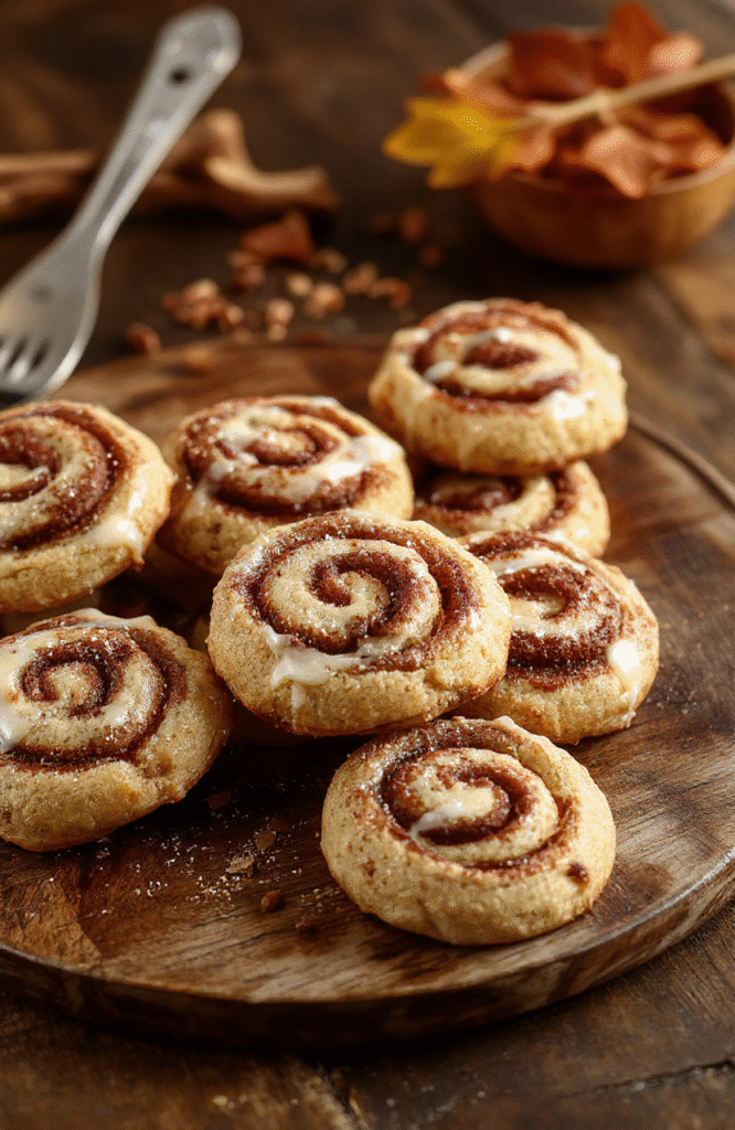 A close-up of a plate filled with golden-brown cinnamon roll cookies drizzled with vanilla glaze, with warm autumn leaves and cinnamon sticks in the background, showcasing soft textures and inviting aroma.