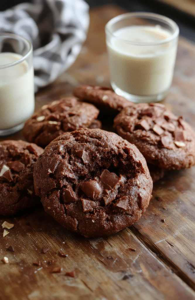 A plate of warm, gooey hot chocolate cookies topped with a drizzle of melted chocolate and mini marshmallows. The cookies are lightly cracked on top, showing a soft, chewy interior, with a cozy background featuring a steaming mug of hot chocolate, cinnamon sticks, and a soft blanket, styled for a comforting winter scene.
