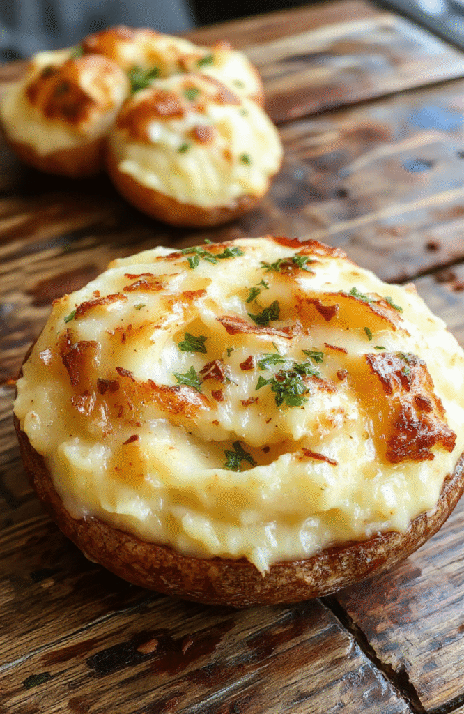 A creamy, golden baked mashed potatoes served in a rustic white bowl, topped with a sprinkle of fresh herbs and melted butter, with a smooth texture and garnished with chopped chives, styled on a wooden table with a cozy holiday ambiance.