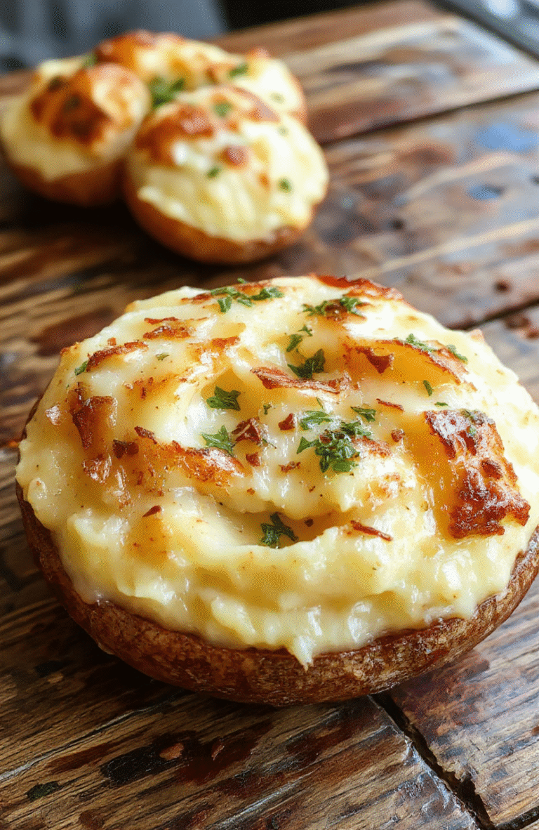 A creamy, golden baked mashed potatoes served in a rustic white bowl, topped with a sprinkle of fresh herbs and melted butter, with a smooth texture and garnished with chopped chives, styled on a wooden table with a cozy holiday ambiance.