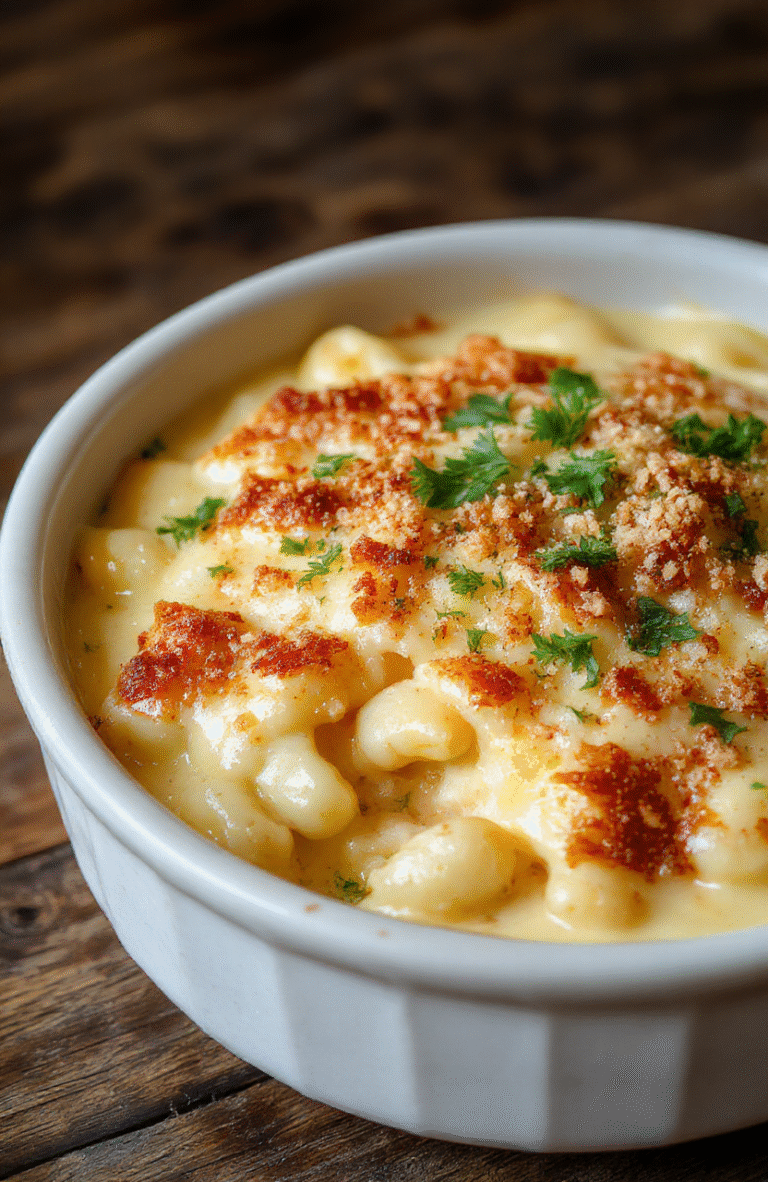 A creamy baked mac and cheese dish served in a rustic white ceramic dish, topped with golden melted cheese and crispy breadcrumb crust, garnished with fresh parsley, on a wooden table with a side of green leafy salad for vibrant contrast.