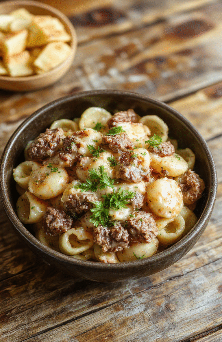 A vibrant plate of creamy beef and shells pasta garnished with fresh herbs, showcasing tender beef chunks and perfectly cooked pasta shells in a rich, cheesy sauce, styled on a rustic wooden table with natural daylight highlighting the textures and colors.