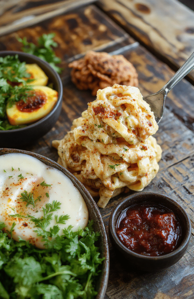 A vibrant plate of creamy cajun pasta featuring al dente noodles coated in a rich, spicy sauce with flecks of herbs and red pepper flakes, garnished with green onions and served on a rustic wooden table with a background of fresh ingredients.