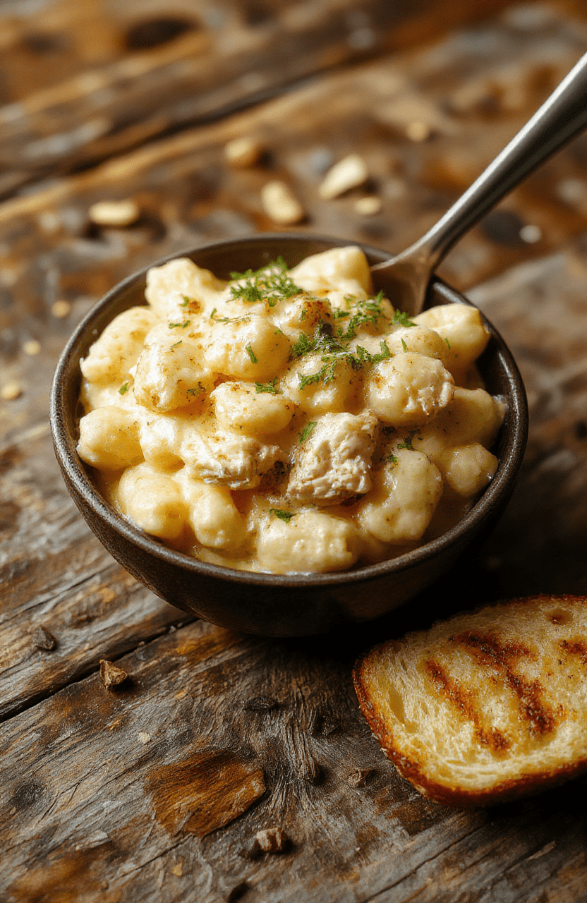 A creamy chicken mac and cheese served in a rustic white bowl, topped with melted cheese and chopped herbs. The dish showcases tender pasta combined with chunks of lean chicken, all coated in a rich, velvety cheese sauce. The background features a wooden table with a spoon and a sprig of parsley, highlighting warm, inviting colors and textures perfect for a comforting meal.