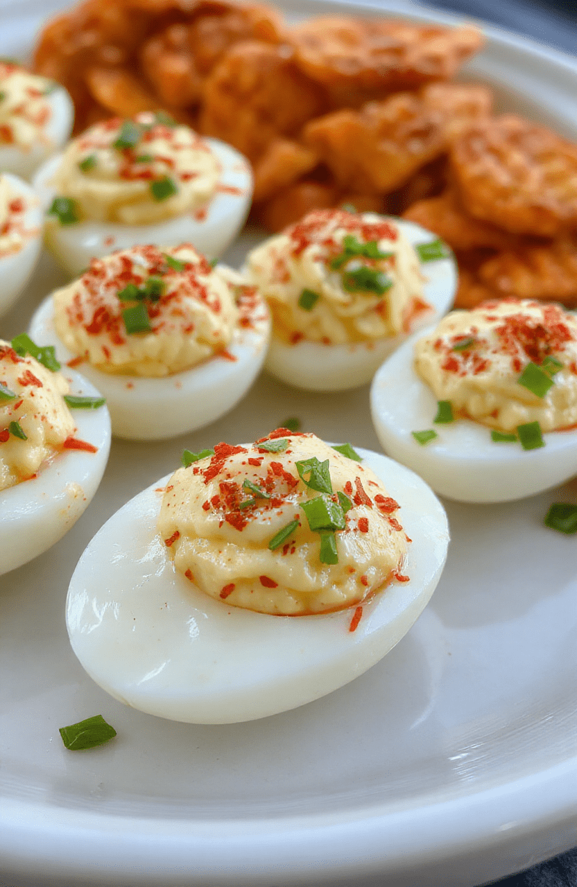 A close-up shot of creamy deviled eggs on a white platter, garnished with paprika and fresh chives, showcasing smooth filling and vibrant garnishes in natural daylight.