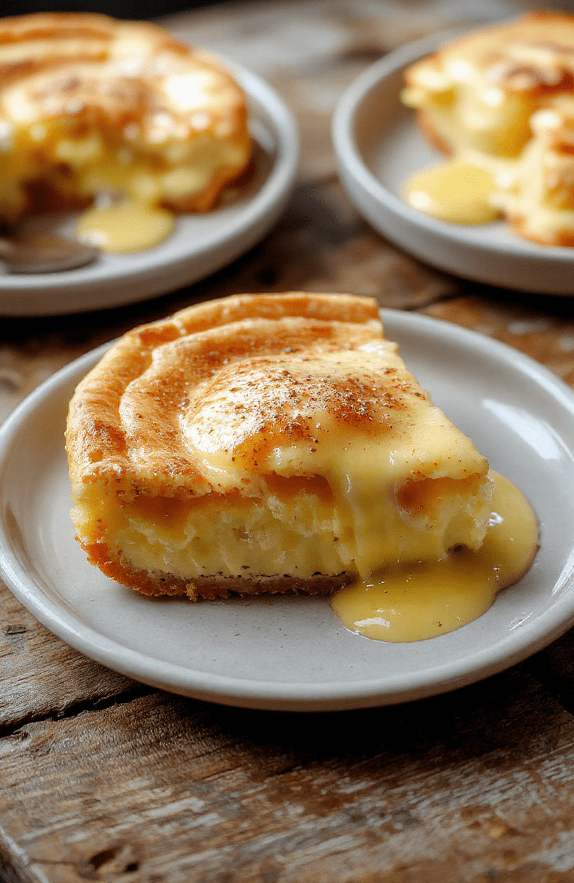 A beautifully sliced creamy custard pie with golden browned top, served on a rustic wooden platter with a vintage spoon, creamy filling and flaky crust visible, light dusting of powdered sugar, styled with holiday decorations in the background.