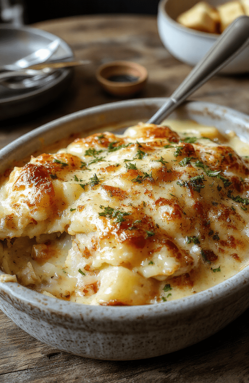 A close-up of creamy potato gratin topped with golden-brown cheese and herbs, served in a rustic ceramic dish with crispy edges and smooth, cheesy surface, garnished with fresh thyme and parsley, set on a wooden table with scattered potato slices and melted cheese textures.