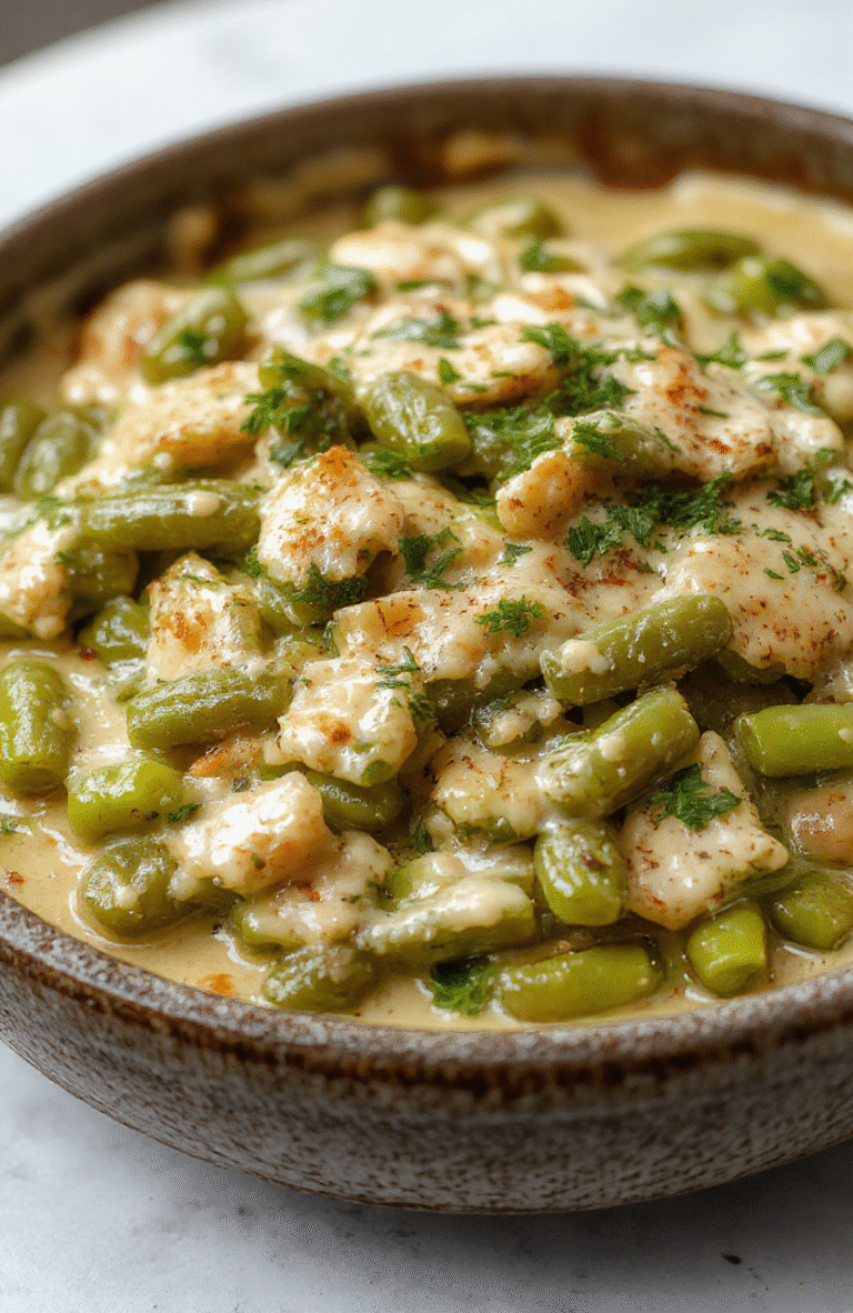 A vibrant, creamy green bean casserole served in a rustic ceramic dish, topped with crispy fried onions, showcasing fresh green beans, golden toppings, and a rich, velvety sauce. The background features soft natural lighting and a festive holiday table setting.