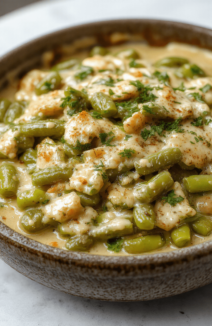 A vibrant, creamy green bean casserole served in a rustic ceramic dish, topped with crispy fried onions, showcasing fresh green beans, golden toppings, and a rich, velvety sauce. The background features soft natural lighting and a festive holiday table setting.