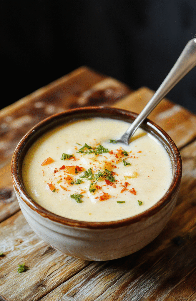 A bowl of creamy loaded potato soup topped with crispy bacon bits, shredded cheddar cheese, chopped green onions, and a dollop of sour cream, served in a rustic white bowl on a wooden table, with a side of crusty bread, capturing rich textures and vibrant colors of the toppings.