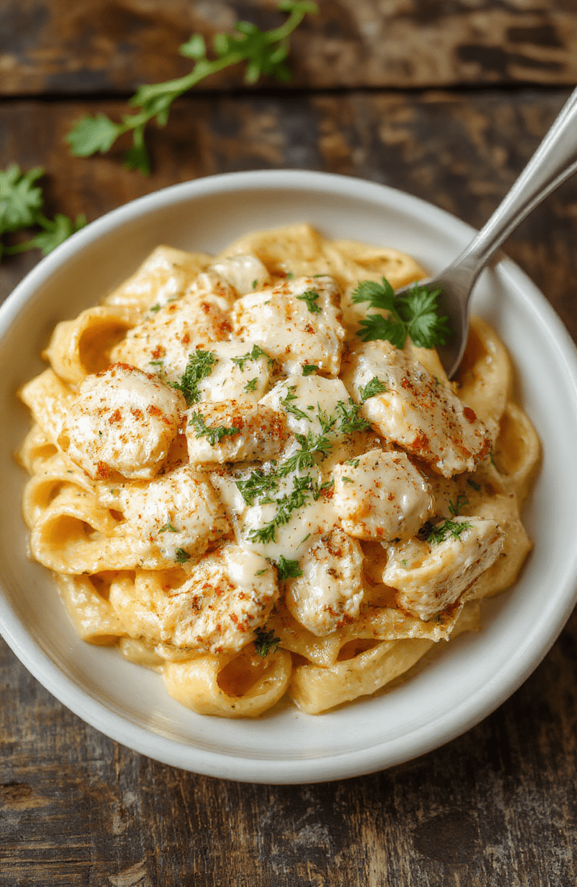 A vibrant plate of creamy parmesan chicken pasta featuring tender chicken slices atop a bed of al dente pasta coated in a rich, cheesy parmesan sauce, garnished with fresh parsley. The dish is presented on a rustic wooden table with a sprinkle of grated cheese and cracked pepper, styled casually for an inviting, homely atmosphere.