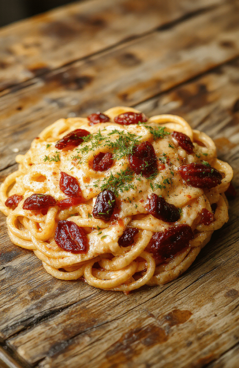 A plate of creamy spaghetti topped with chopped sun-dried tomatoes and basil, served with a side of crusty bread on a rustic wooden table, vibrant colors, glossy sauce, and textured pasta, styled simply for an appetizing look.
