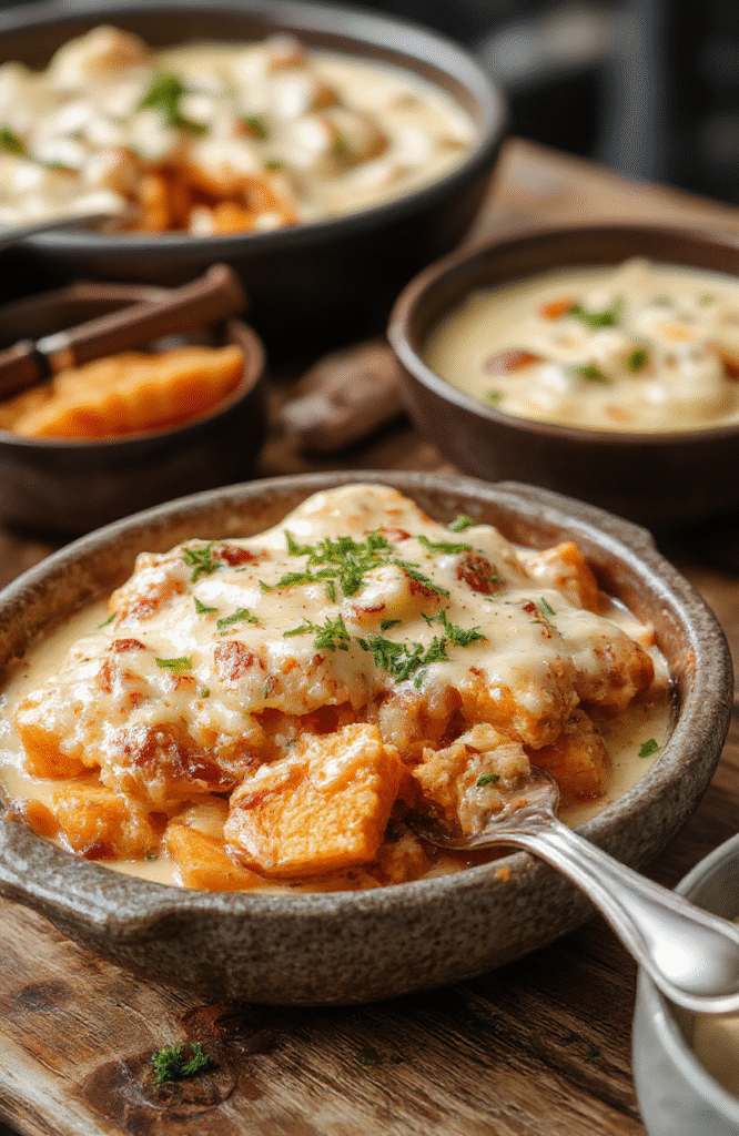 A creamy sweet potato casserole topped with golden toasted marshmallows and pecans, beautifully plated in a rustic ceramic dish with a caramelized crust, surrounded by autumn-themed decor and warm lighting.