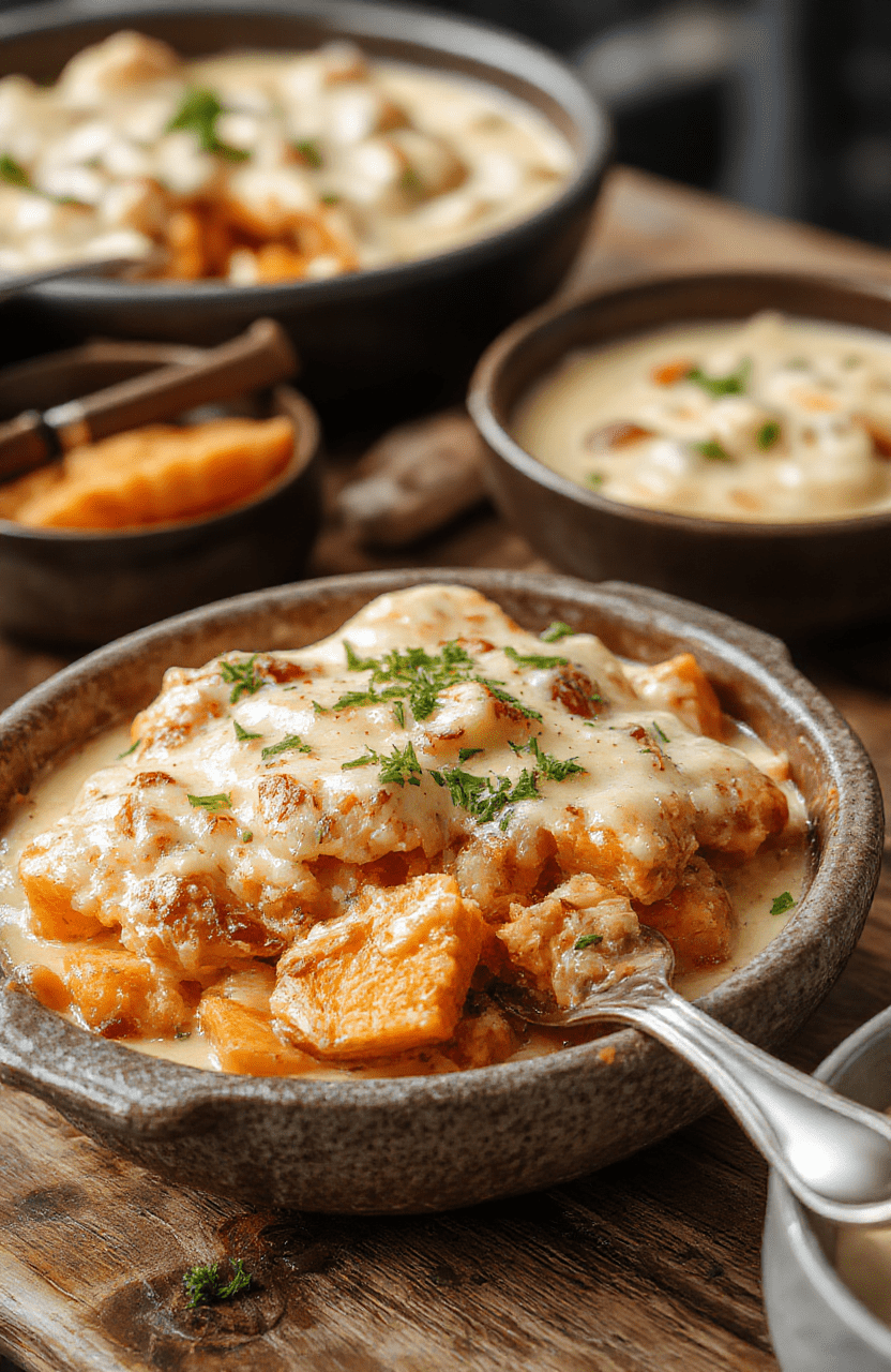 A creamy sweet potato casserole topped with golden toasted marshmallows and pecans, beautifully plated in a rustic ceramic dish with a caramelized crust, surrounded by autumn-themed decor and warm lighting.