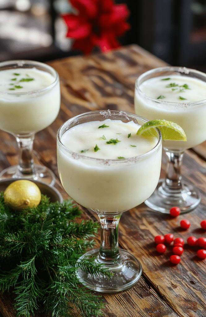 A vibrant creamy white margarita cocktail in a clear glass with a salted rim, garnished with a lime wedge and a sprig of mint on a festive red and green tablecloth, with powdered sugar and salt visible on the rim, creating a cheerful holiday vibe.