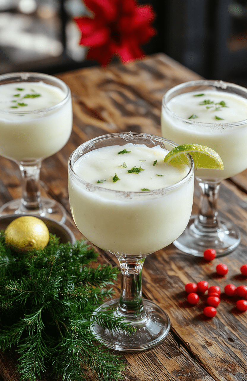 A vibrant creamy white margarita cocktail in a clear glass with a salted rim, garnished with a lime wedge and a sprig of mint on a festive red and green tablecloth, with powdered sugar and salt visible on the rim, creating a cheerful holiday vibe.