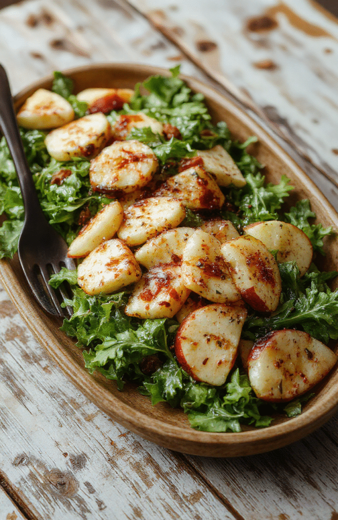 A vibrant salad featuring fresh green arugula leaves topped with thinly sliced crisp apples, toasted walnuts, and crumbled feta cheese. The salad is drizzled with a light vinaigrette, styled on a rustic wooden table with natural daylight highlighting the colorful ingredients, creating an inviting and healthy feel.