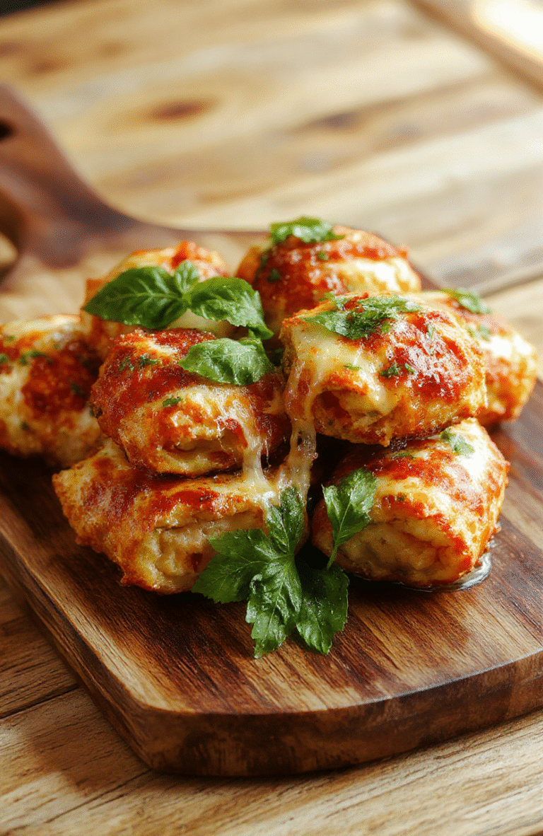 A close-up of crispy golden brown air fryer pizza rolls arranged on a rustic wooden platter, melted cheese oozing from the flaky crust, garnished with fresh basil leaves, styled with optional dipping sauces on the side, emphasizing texture and appetizing appeal.