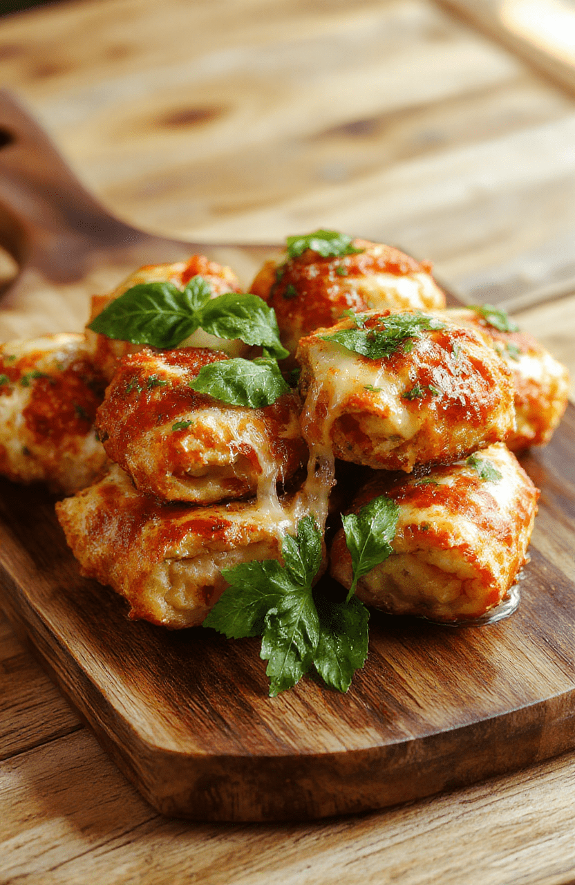 A close-up of crispy golden brown air fryer pizza rolls arranged on a rustic wooden platter, melted cheese oozing from the flaky crust, garnished with fresh basil leaves, styled with optional dipping sauces on the side, emphasizing texture and appetizing appeal.