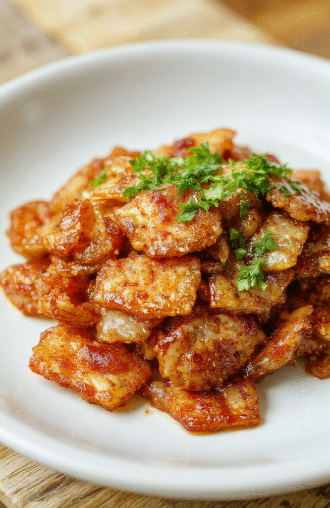 Golden crispy fried onions arranged on a white plate, with a crunchy texture visible. Bright lighting highlights their caramelized surface, with some onions broken to show interior layers. The plating is simple and inviting, emphasizing their crispy appeal and homemade style.