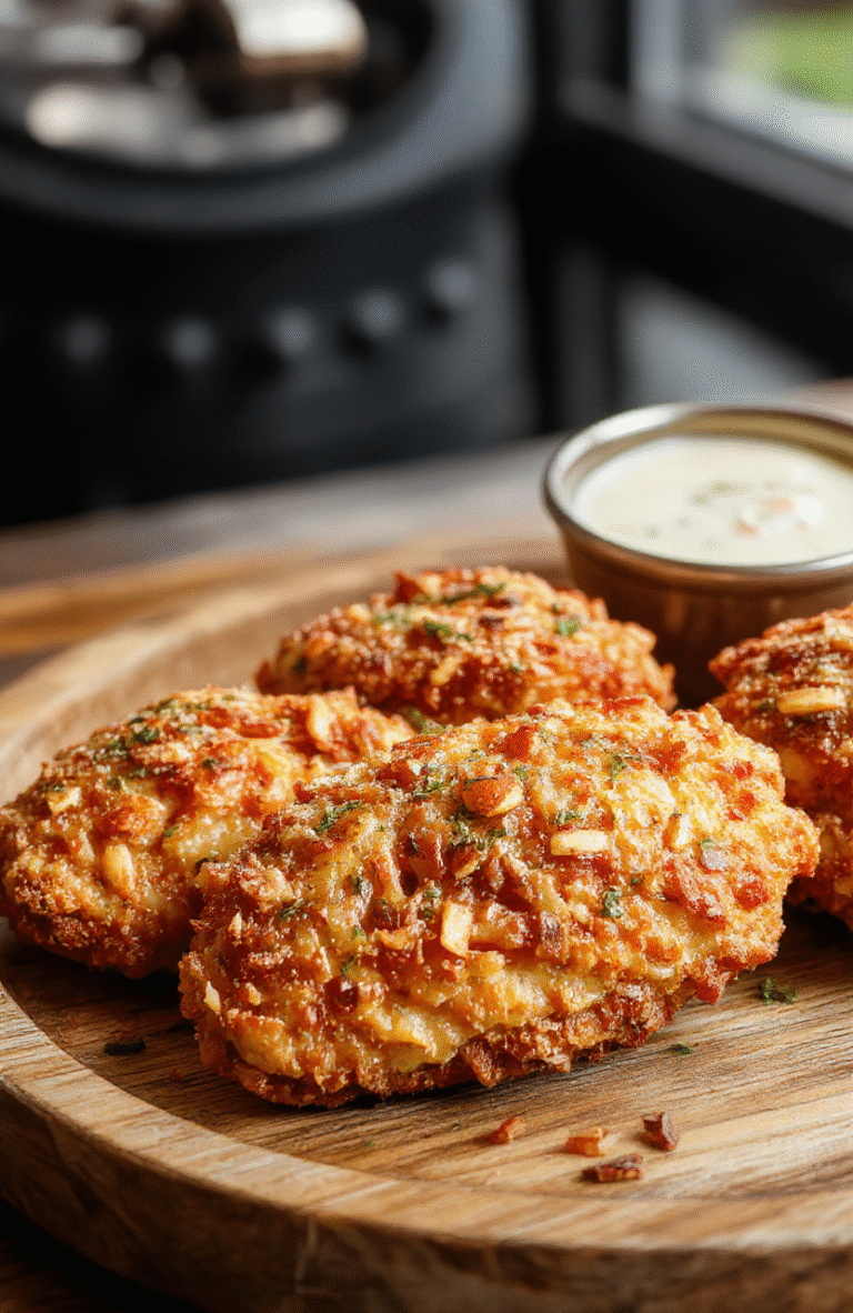 Golden crispy pretzel-coated chicken fillets topped with melted cheese, served on a rustic wooden plate, garnished with fresh herbs, with a crispy texture visible, contrasting with the gooey cheese and crunchy pretzel crust.