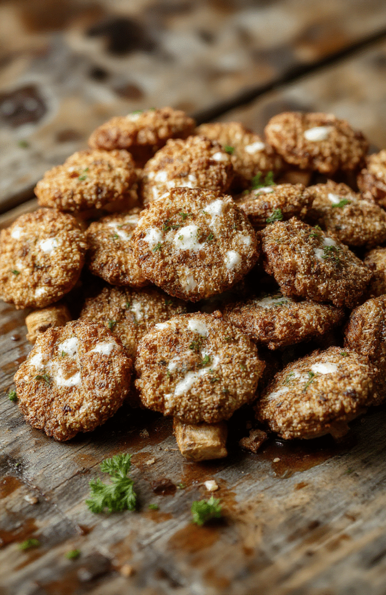 Golden-brown crispy ranch mushrooms displayed on a white plate, garnished with fresh herbs, with a textured rustic wooden background, showcasing the crunchy coating and tender mushroom interiors.
