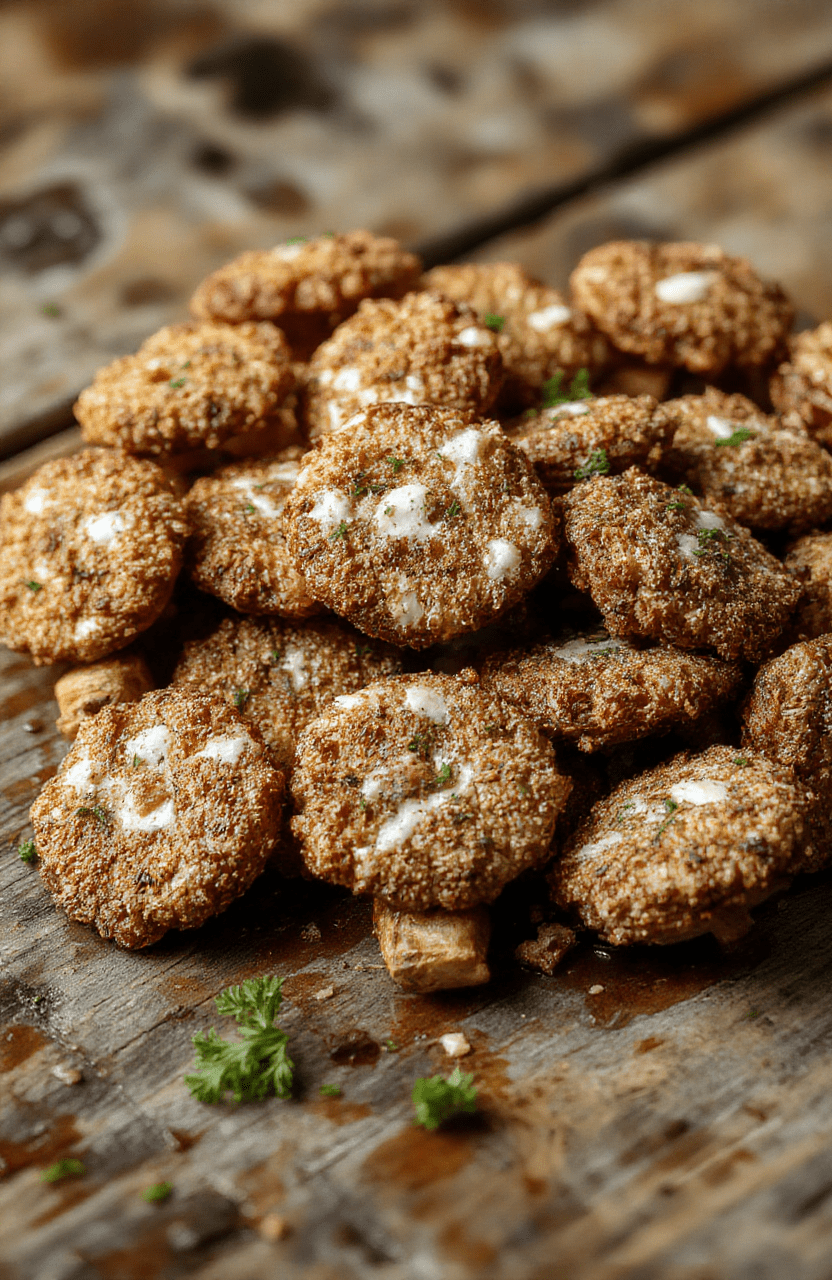 Golden-brown crispy ranch mushrooms displayed on a white plate, garnished with fresh herbs, with a textured rustic wooden background, showcasing the crunchy coating and tender mushroom interiors.