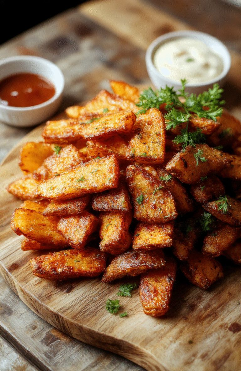 A vibrant plate of golden-brown crispy sweet potato fries arranged neatly on a rustic wooden platter, garnished with fresh herbs. The fries have a crunchy exterior with a soft, tender interior, accompanied by a small bowl of dipping sauce on a neutral-colored linen cloth background, styled casually for an inviting look.