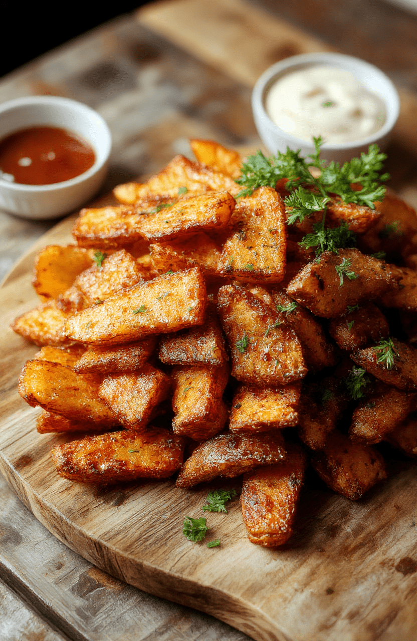 A vibrant plate of golden-brown crispy sweet potato fries arranged neatly on a rustic wooden platter, garnished with fresh herbs. The fries have a crunchy exterior with a soft, tender interior, accompanied by a small bowl of dipping sauce on a neutral-colored linen cloth background, styled casually for an inviting look.