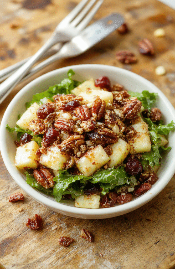 A vibrant salad featuring crisp apple slices, deep red cranberries, crunchy pecans, and fresh greens arranged artistically on a white ceramic plate, with a drizzle of honey vinaigrette, surrounded by seasonal decor in warm tones.