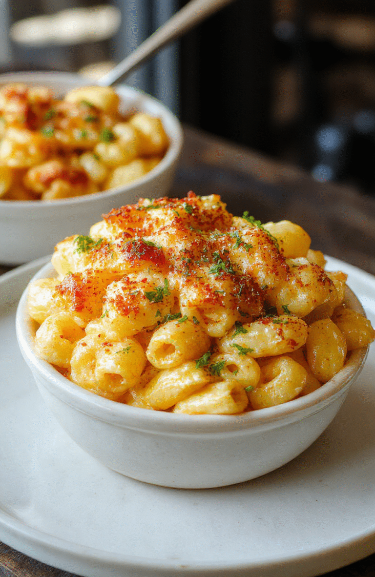 A close-up of a golden, crispy top baked mac and cheese served in a rustic white dish. The cheesy sauce is visible around the edges, with bubbling golden-brown crust and gooey cheese strings. The dish is placed on a wooden table, with hints of melted cheese and crispy breadcrumb topping visible. The presentation emphasizes the creamy, cheesy interior contrasted with the crunchy crust, styled simply for a homestyle appeal.