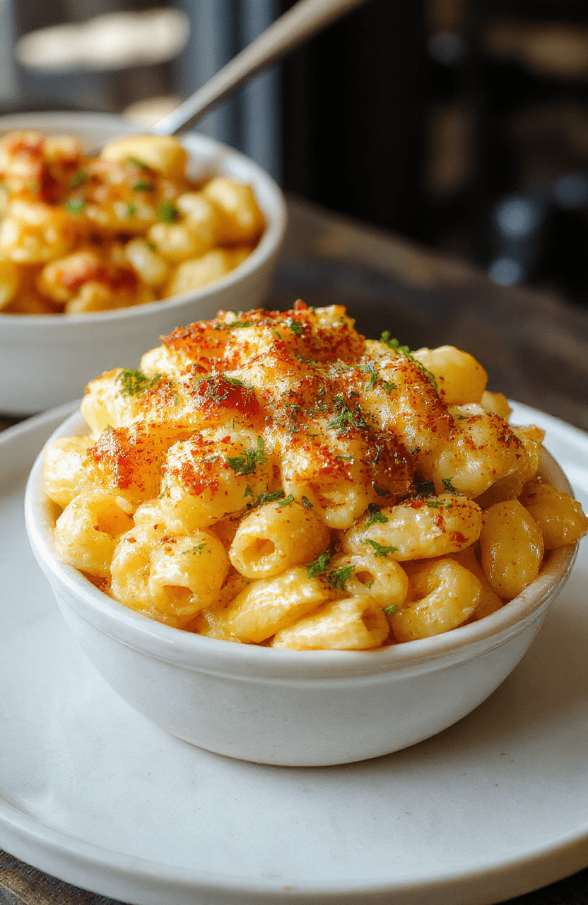 A close-up of a golden, crispy top baked mac and cheese served in a rustic white dish. The cheesy sauce is visible around the edges, with bubbling golden-brown crust and gooey cheese strings. The dish is placed on a wooden table, with hints of melted cheese and crispy breadcrumb topping visible. The presentation emphasizes the creamy, cheesy interior contrasted with the crunchy crust, styled simply for a homestyle appeal.
