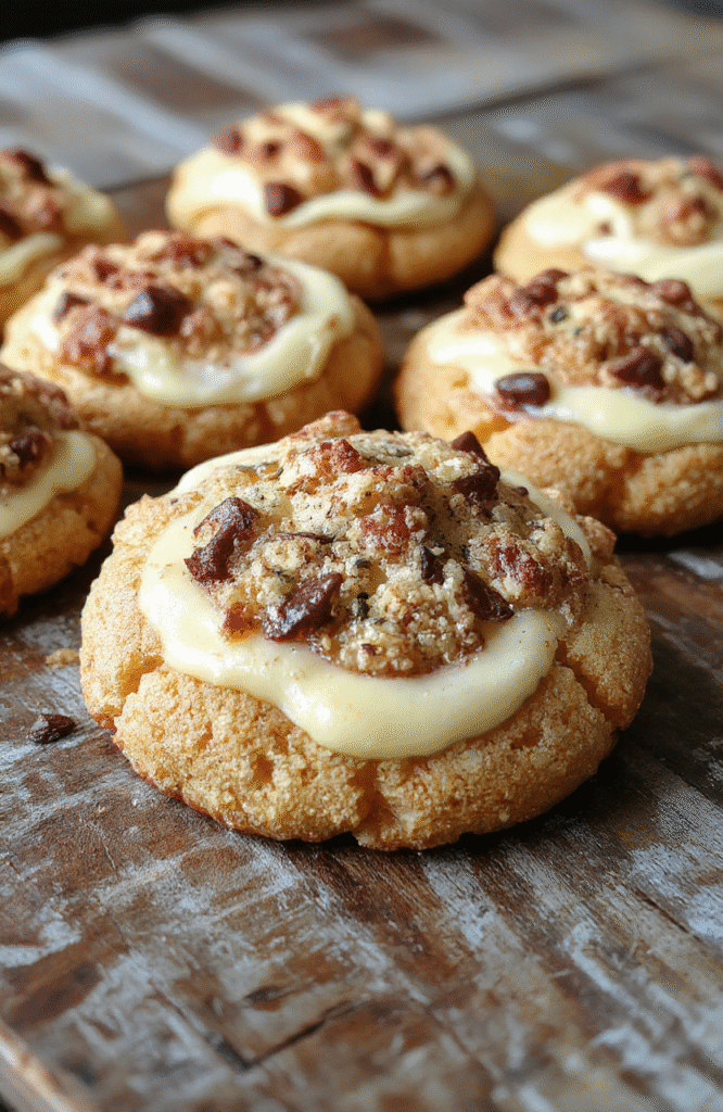 A close-up of golden-brown cheesecake cookies on a white plate, showcasing creamy cheesecake filling swirled in soft, chewy cookie shells, topped with crumbs and a drizzle of glaze, styled on a rustic wooden surface with a bright, inviting background.