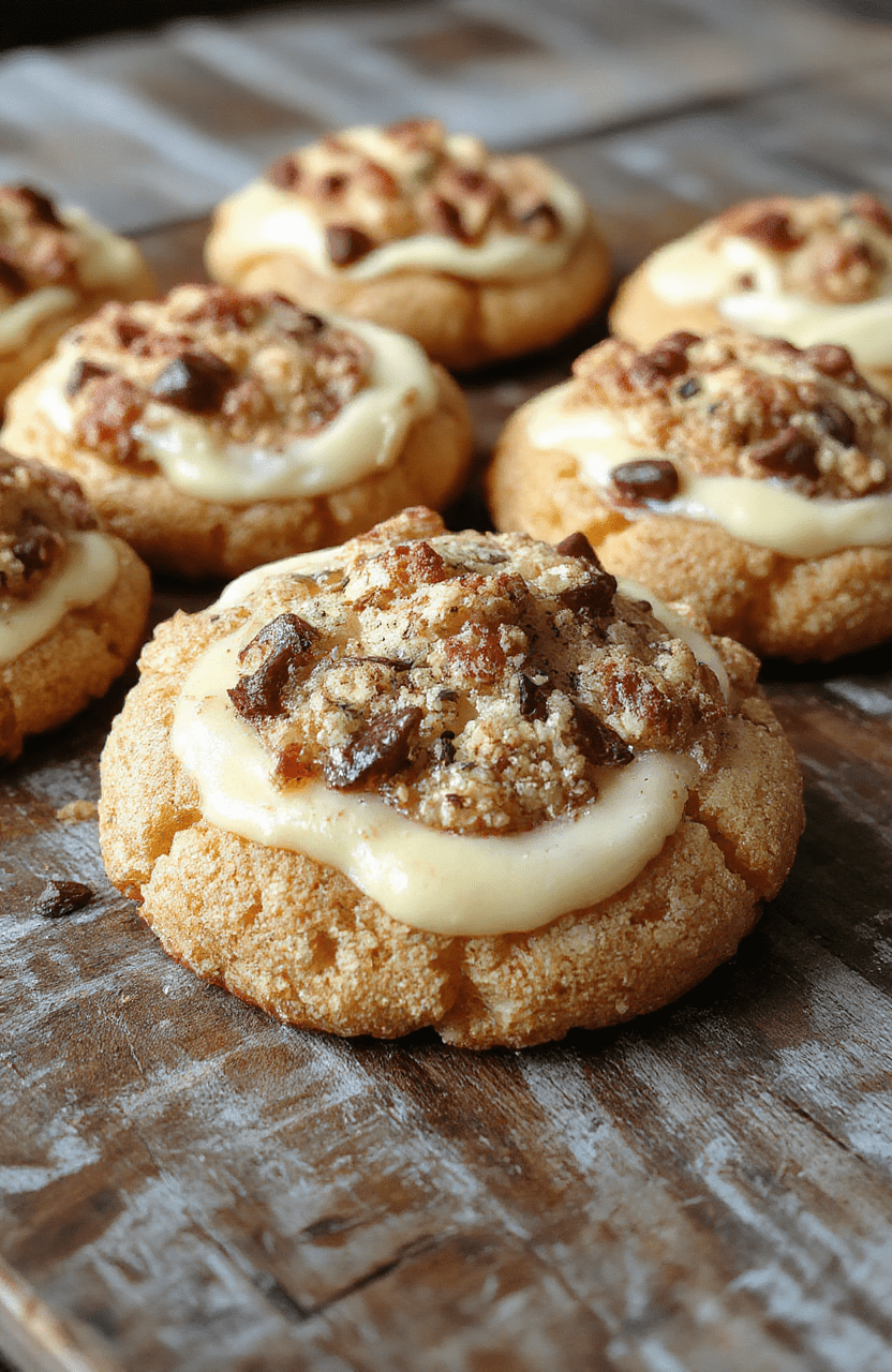 A close-up of golden-brown cheesecake cookies on a white plate, showcasing creamy cheesecake filling swirled in soft, chewy cookie shells, topped with crumbs and a drizzle of glaze, styled on a rustic wooden surface with a bright, inviting background.