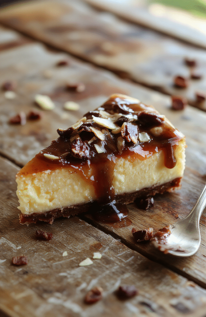 A luscious slice of cheesecake with a golden brown butter glaze topped with vanilla bean swirls, plated on a rustic wooden board with a drizzle of caramel and fresh vanilla pods, showcasing a creamy texture and elegant presentation.