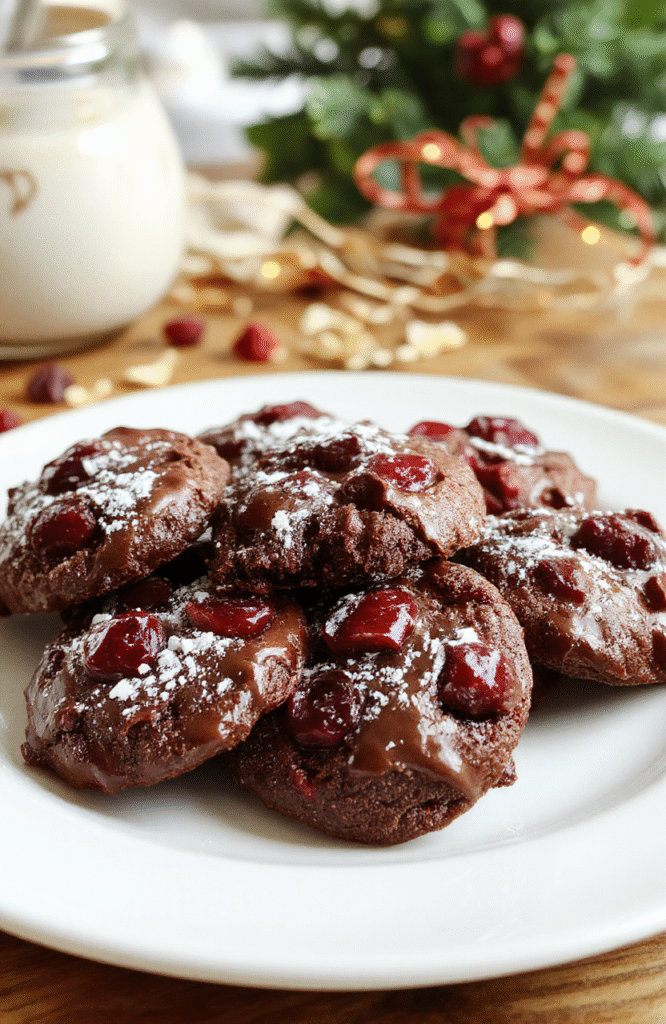 A close-up of decadent chocolate cherry cookies arranged on a white plate, showcasing their glossy chocolate coating, sprinkled with chopped cherries and a dusting of powdered sugar, with a blurred festive background highlighting holiday ambiance.