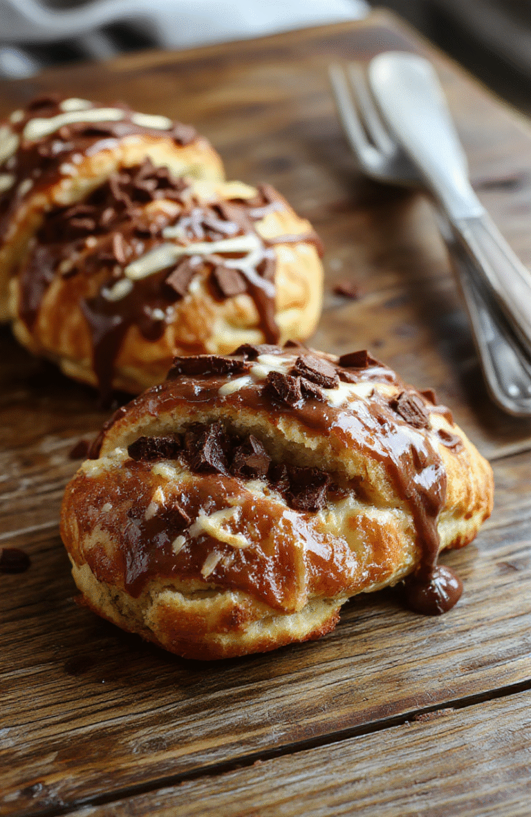 A golden-brown layered chocolate croissant bake topped with powdered sugar, served on a rustic wooden board, with melted chocolate oozing from flaky croissant layers, garnished with fresh berries and mint leaves, styled casually for a cozy brunch vibe.