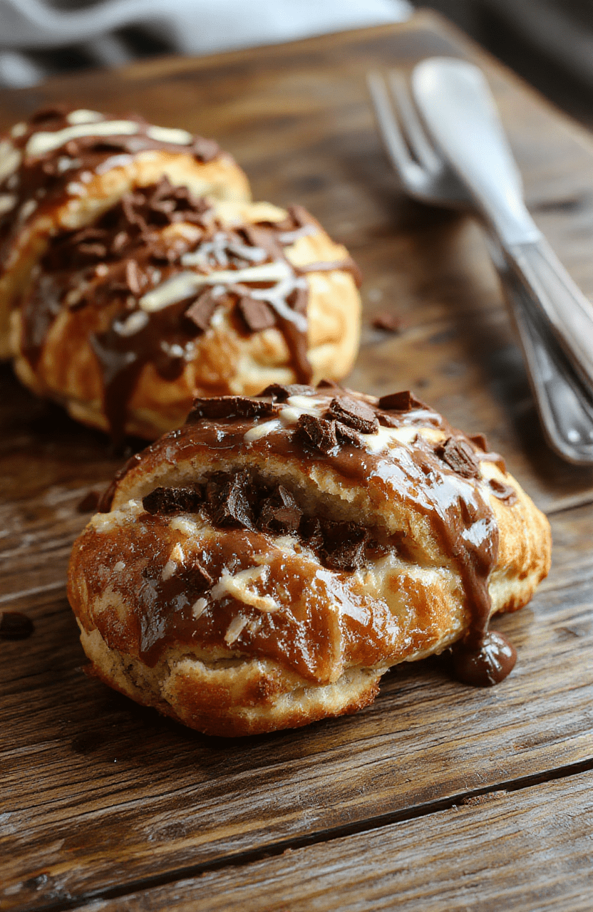 A golden-brown layered chocolate croissant bake topped with powdered sugar, served on a rustic wooden board, with melted chocolate oozing from flaky croissant layers, garnished with fresh berries and mint leaves, styled casually for a cozy brunch vibe.