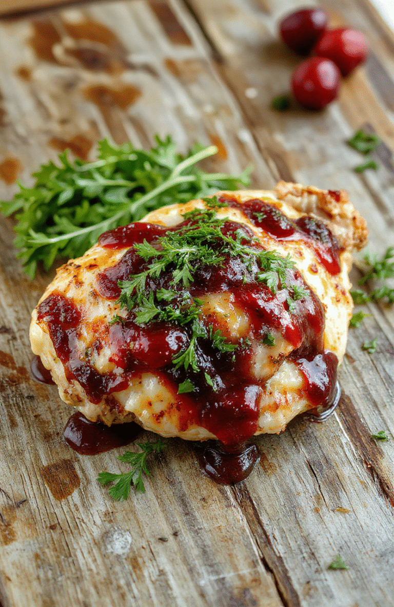 A juicy roasted chicken breast topped with melted brie cheese and a vibrant cranberry sauce, garnished with fresh herbs. The plate features a glossy, rich sauce with bright red cranberries against a warm, rustic wooden surface, styled simply to evoke a cozy holiday setting.