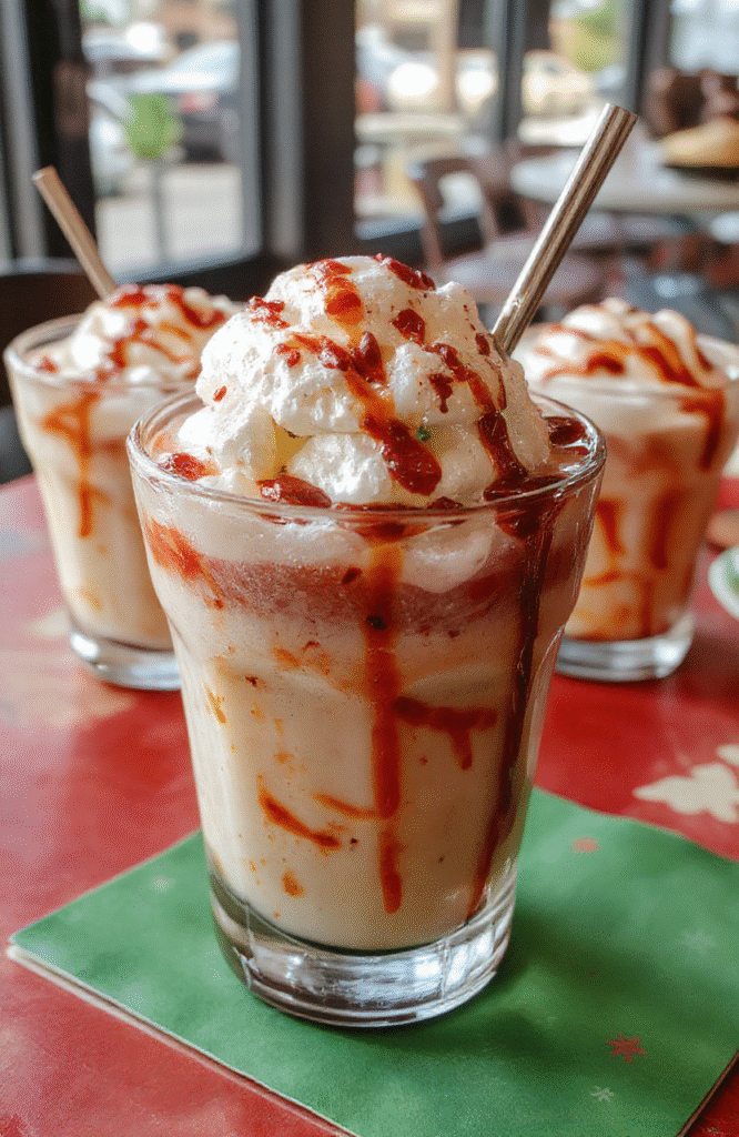 A festive snowman-shaped cocktail garnished with whipped cream, chocolate syrup, and holiday sprinkles, served in a clear glass on a red and green festive table with holiday lights in the background.