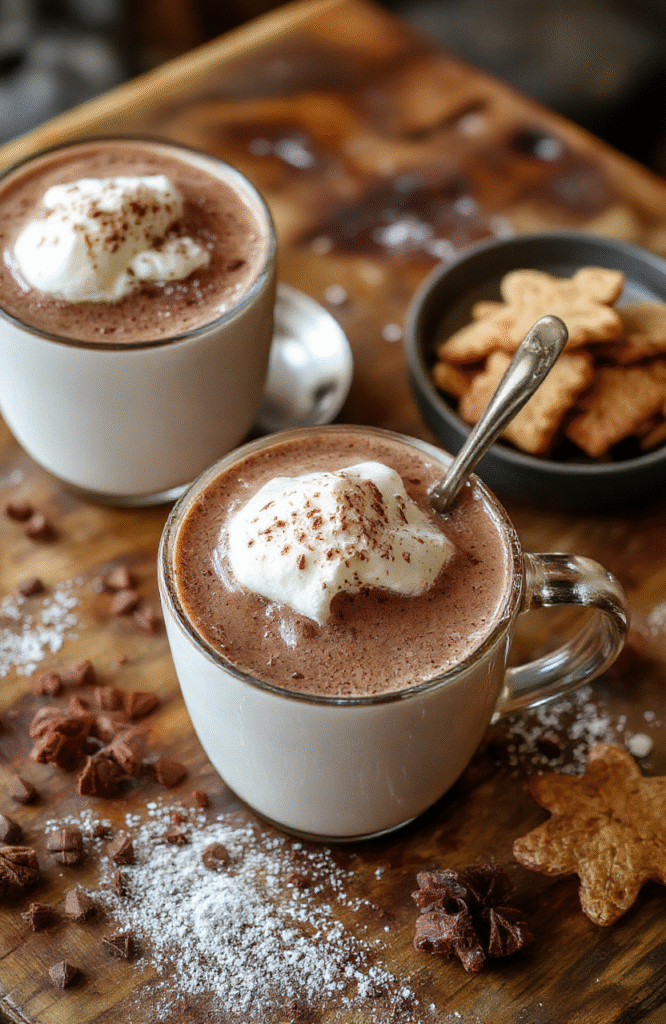 A steaming mug of rich hot chocolate topped with whipped cream and sprinkled with cocoa powder, surrounded by marshmallows and cinnamon sticks, in a cozy setting with a wooden table and holiday accents.